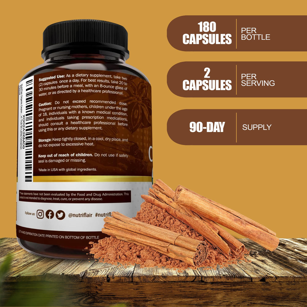 NutriFlair Ceylon Cinnamon capsules close-up, premium quality for daily use.