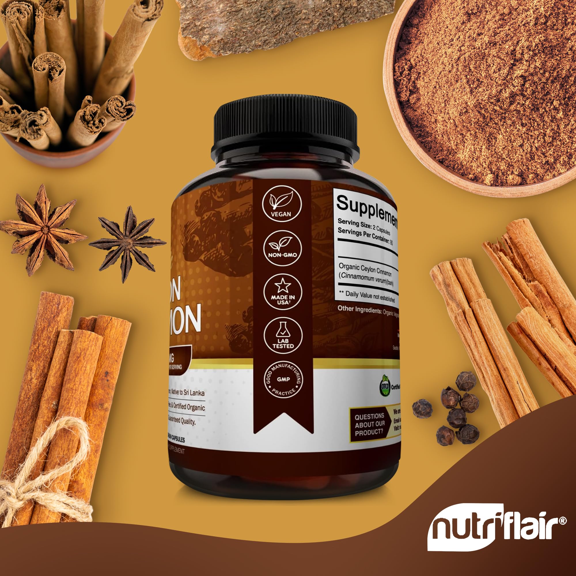 NutriFlair Ceylon Cinnamon capsules in hand, easy daily serving.