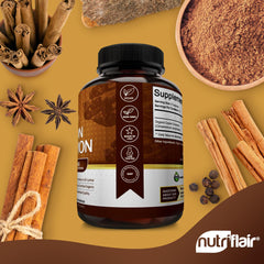 NutriFlair Ceylon Cinnamon capsules in hand, easy daily serving.
