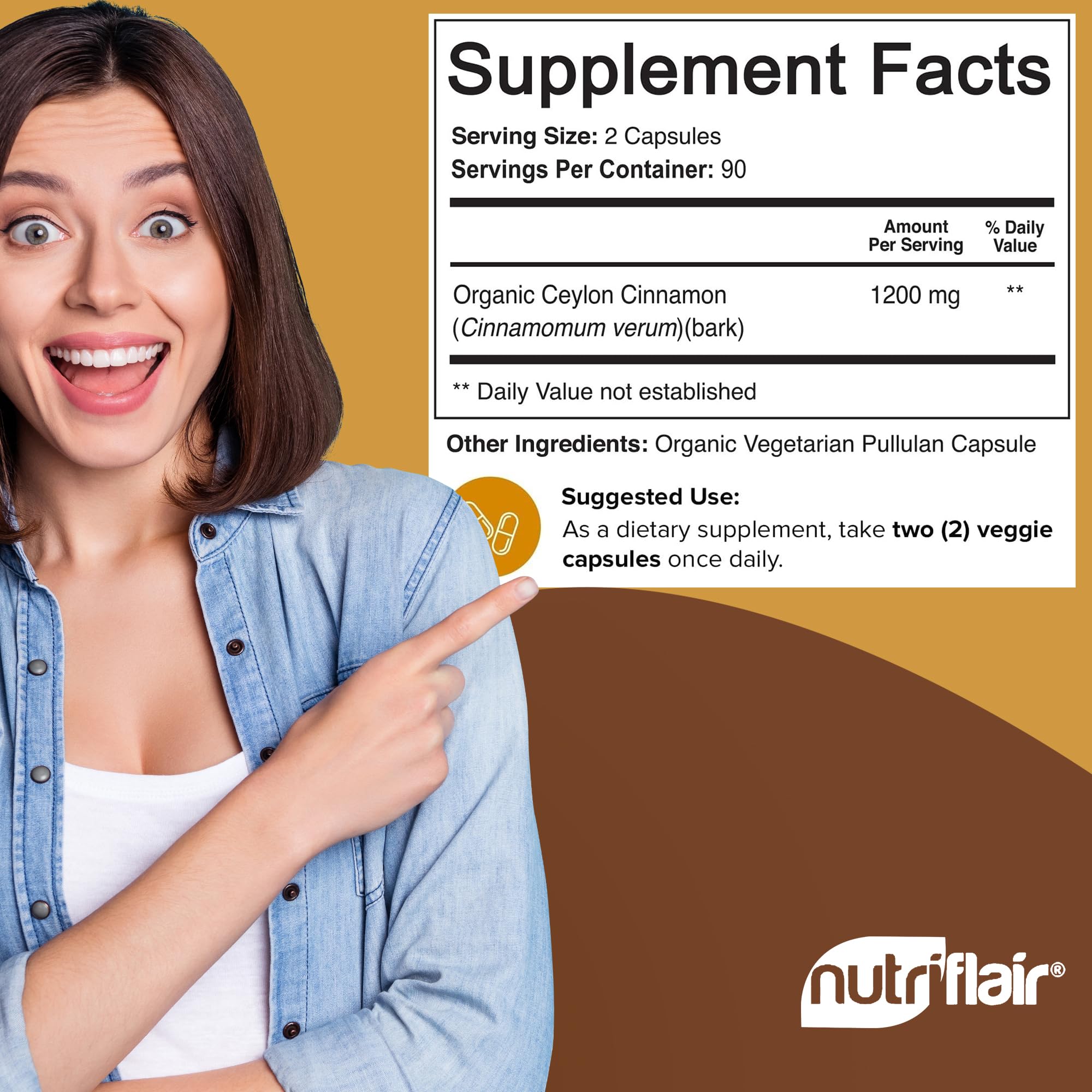NutriFlair Ceylon Cinnamon label with spoon, simple daily addition.