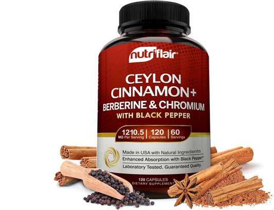 NutriFlair Ceylon Cinnamon Plus bottle with chromium and berberine for daily metabolism support