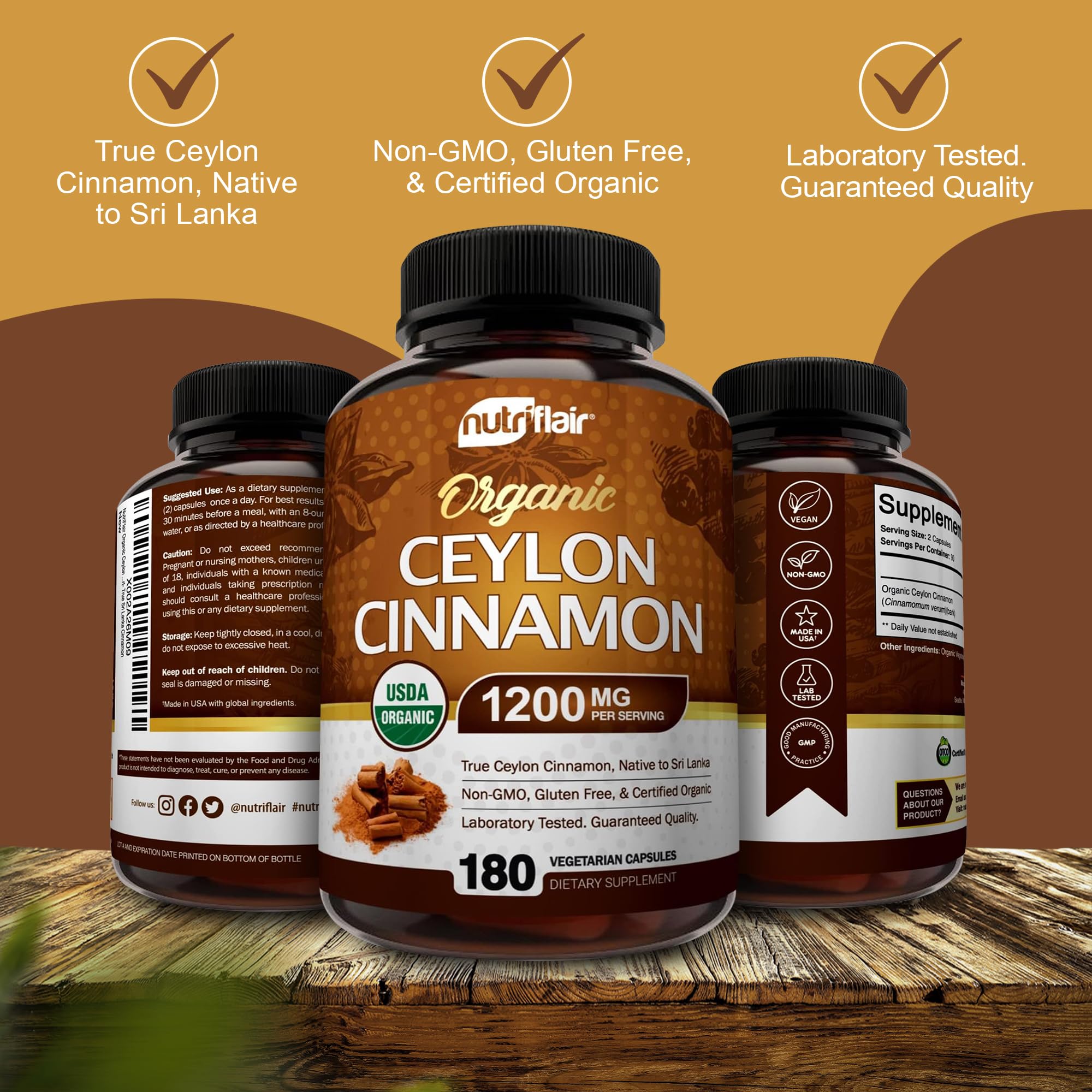 NutriFlair Ceylon Cinnamon bottle on kitchen counter, US-made GMP facility.