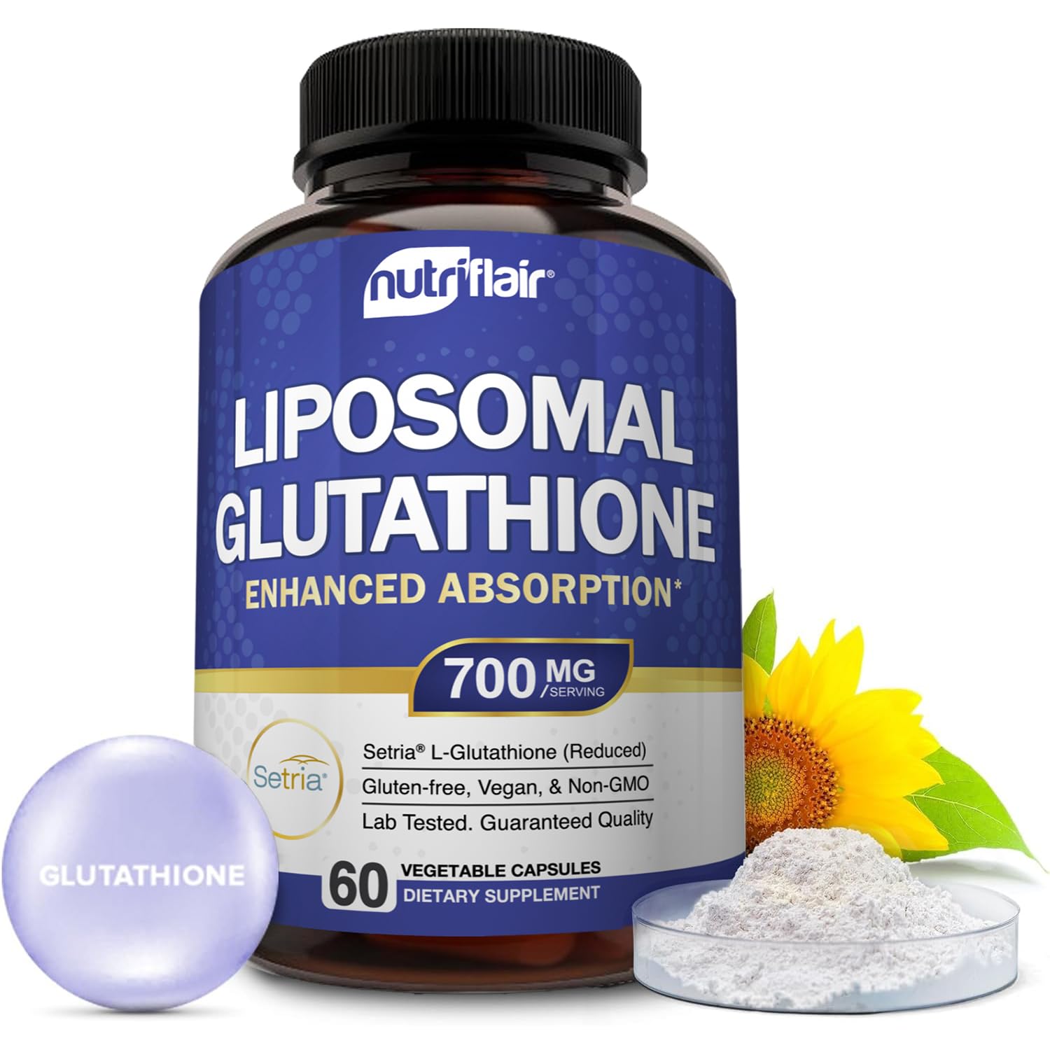 NutriFlair liposomal glutathione 700mg bottle front highlights premium Setria formula for daily antioxidant support.