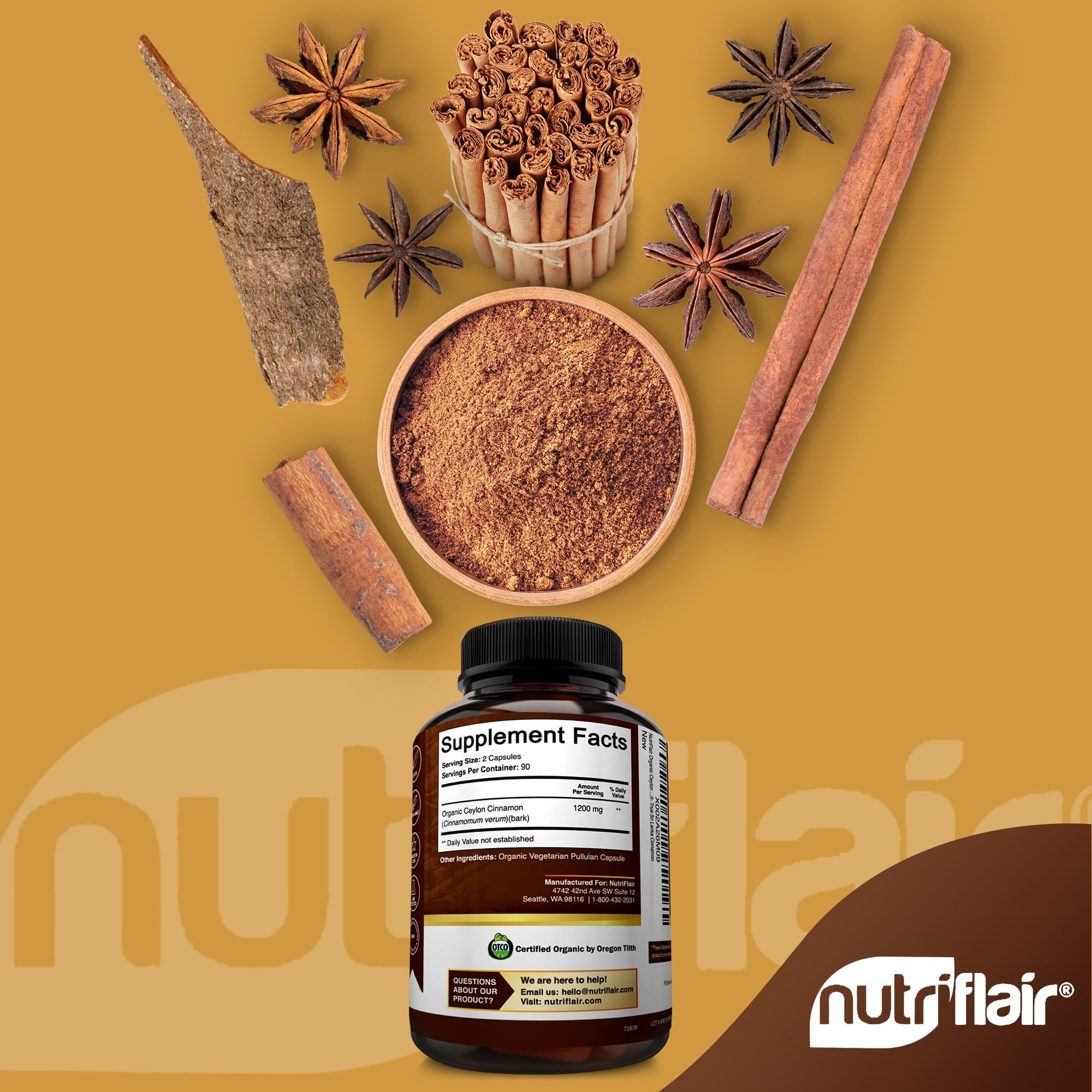 NutriFlair Organic Ceylon Cinnamon packaging, verified organic integrity.