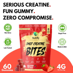 Nutrify Daily Creatine Gummies ingredients label highlights sugar-free formulation