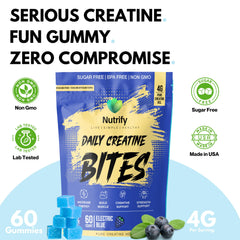 Nutrify Daily Creatine Gummies label close-up highlights 5g creatine monohydrate per serving