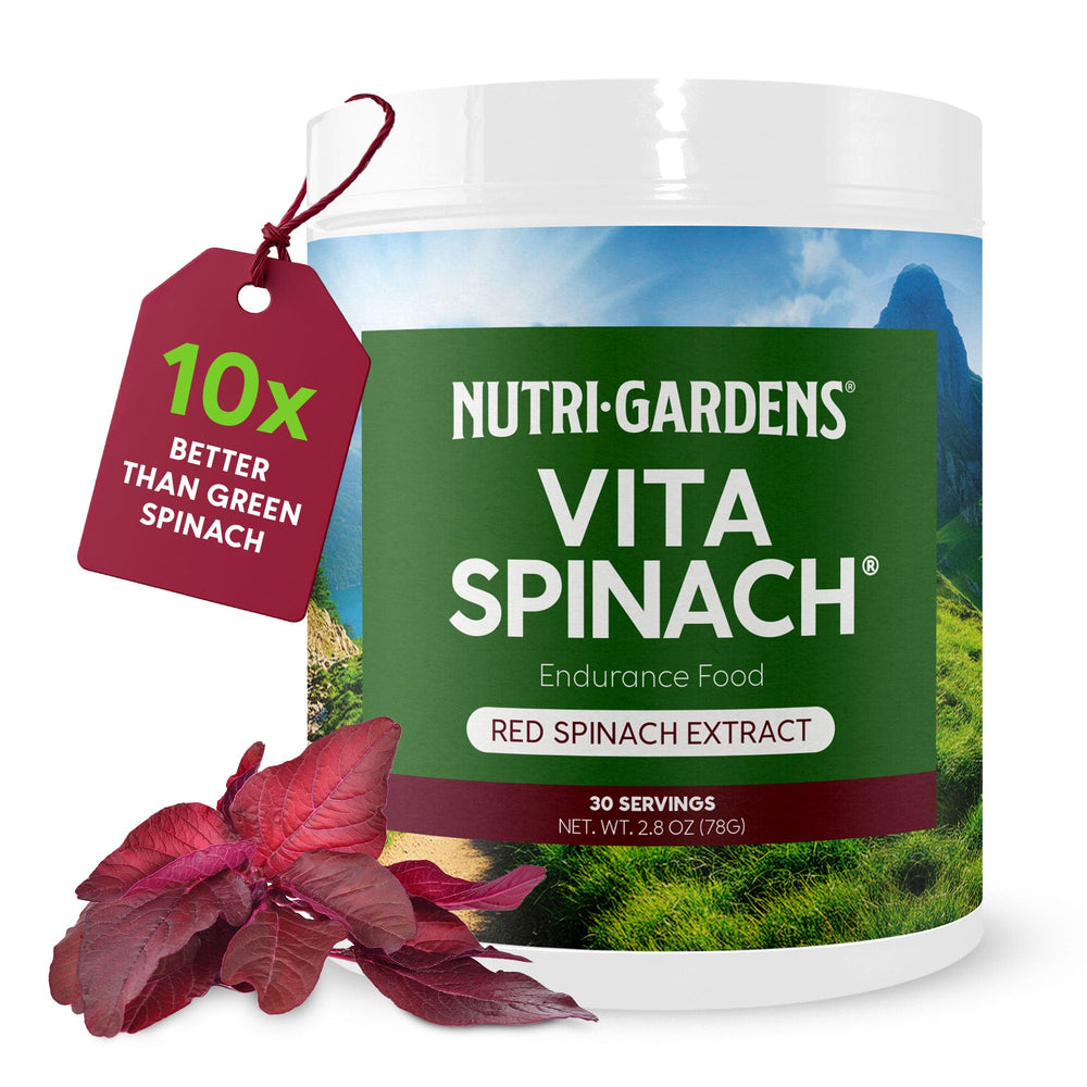 Nutrigardens VitaSpinach front label shows pure red spinach extract for natural pre-workout support.