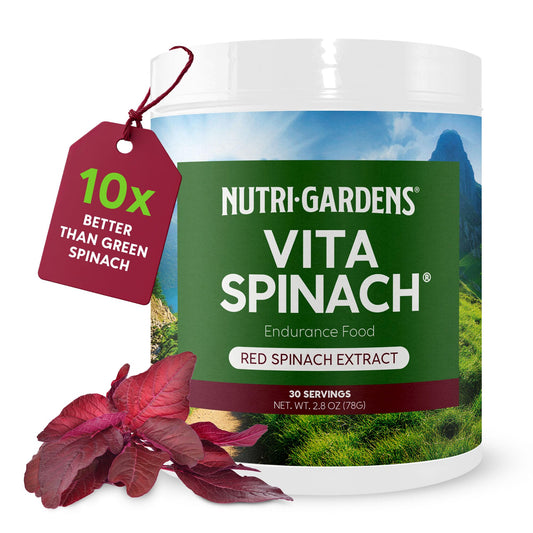 Nutrigardens VitaSpinach front label shows pure red spinach extract for natural pre-workout support.