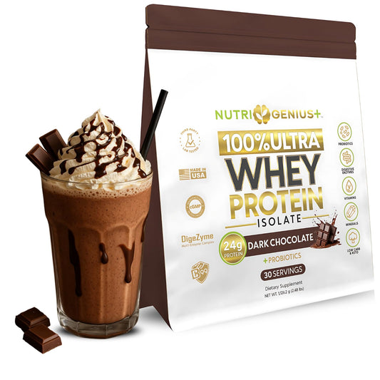 Nutrigenius+ bottle chocolate highlights a premium whey formula for muscle recovery and flavor.