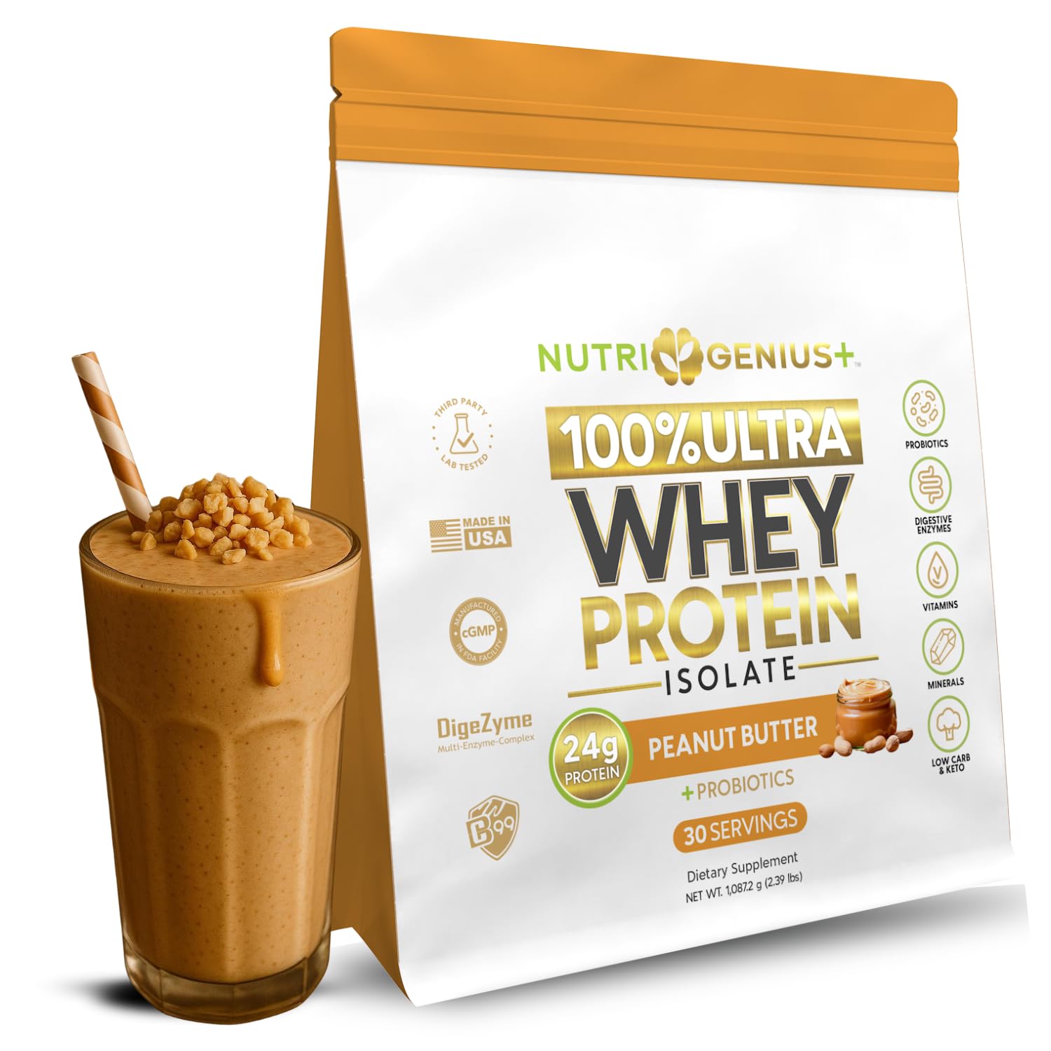 Nutrigenius+ Protein Source bottle shows 24g whey protein isolate for lean muscle support.