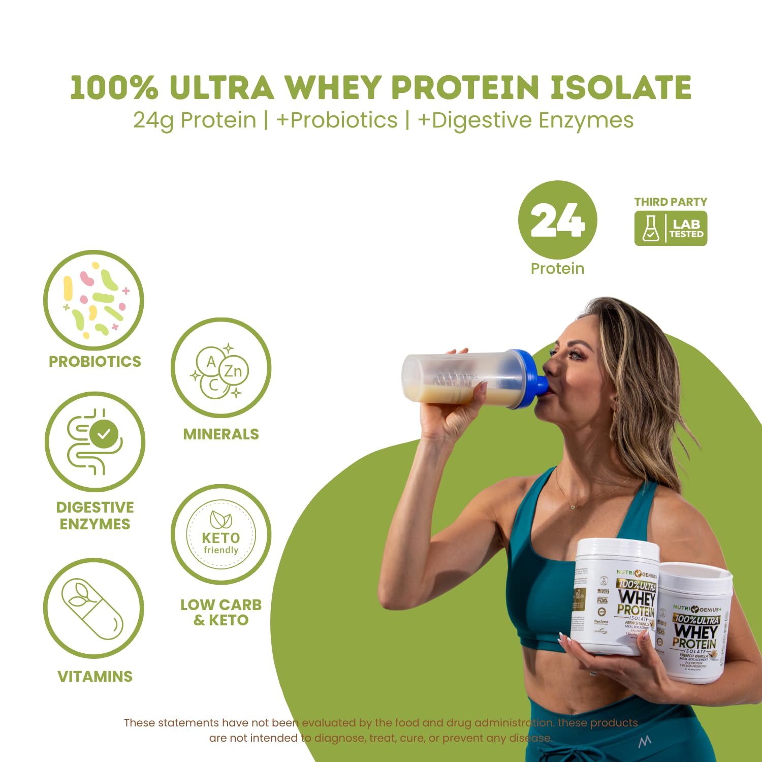 Close-up of Nutrigenius+ powder jar highlighting premium whey isolate for fast absorption.