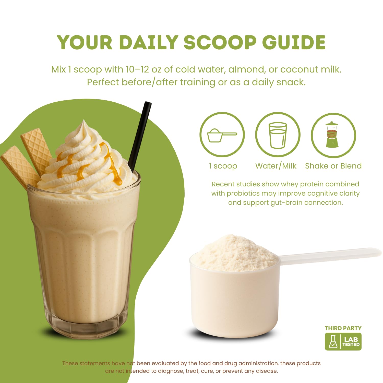 Scoop of Nutrigenius+ powder emphasizes creamy texture and smooth mouthfeel.