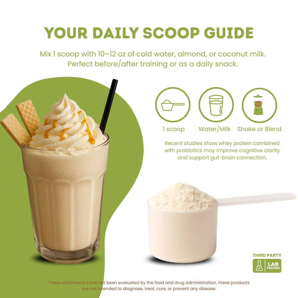 Scoop of Nutrigenius+ powder emphasizes creamy texture and smooth mouthfeel.