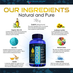 NutriGenomic Naturals CoQ10 bottle label emphasizes organic olive oil base.