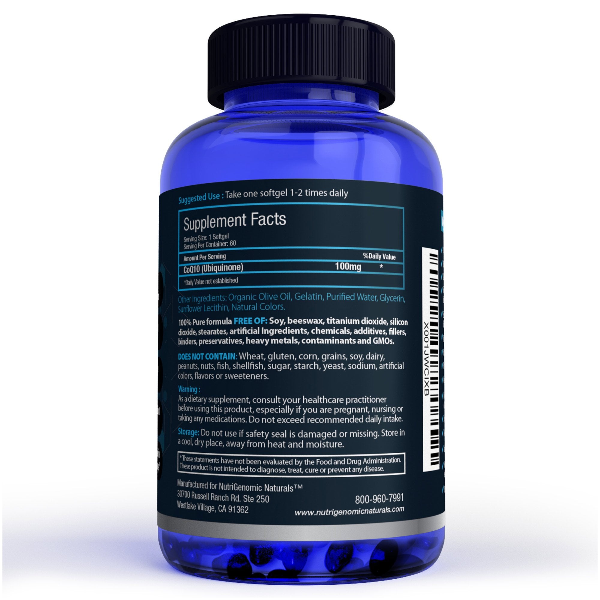 NutriGenomic Naturals CoQ10 capsules close-up showing premium energy support.