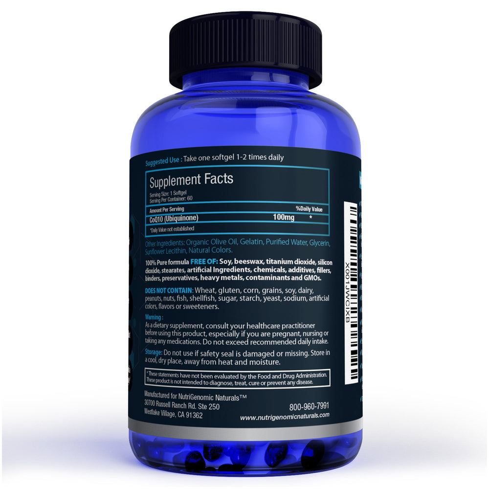 NutriGenomic Naturals CoQ10 capsules close-up showing premium energy support.