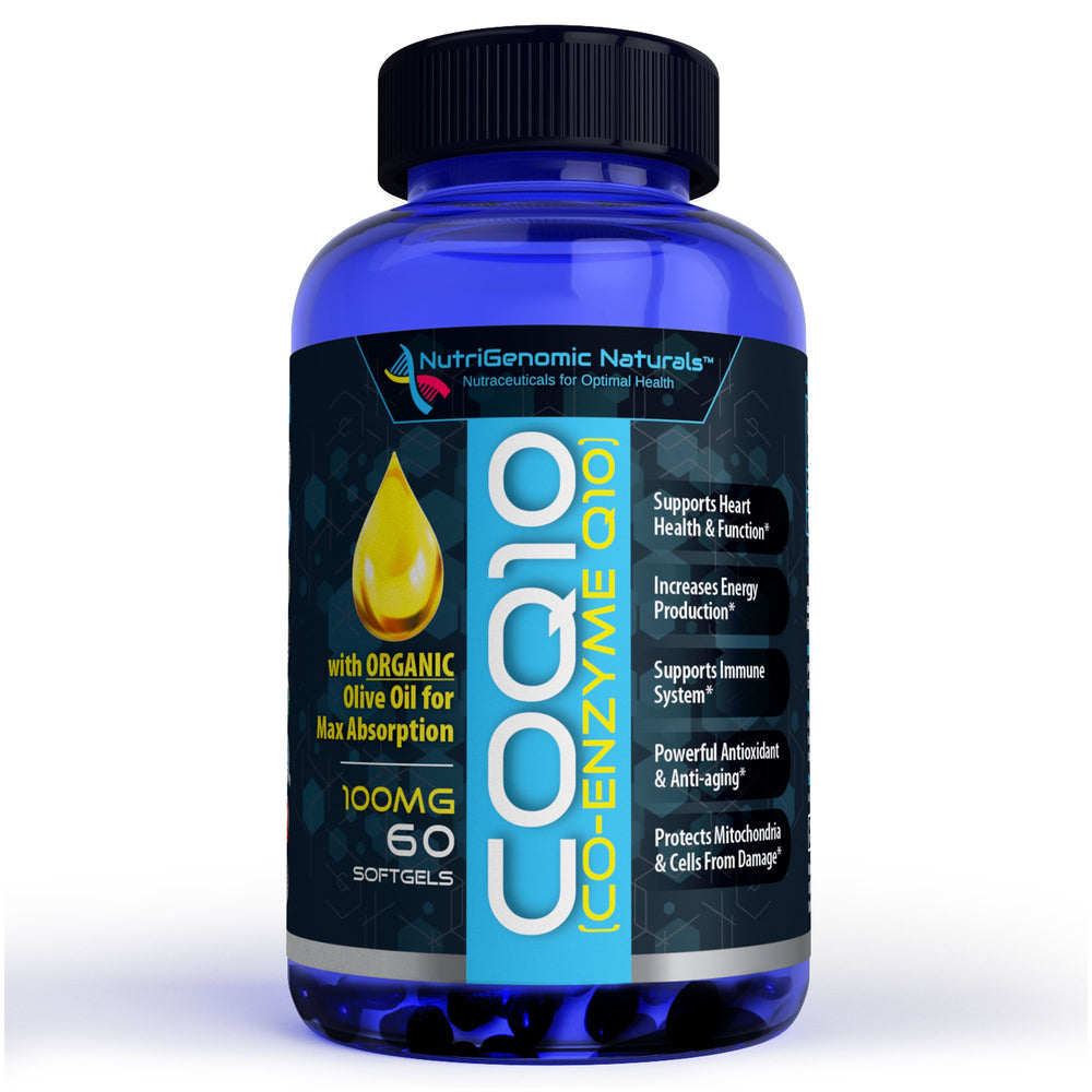 NutriGenomic Naturals CoQ10 olive oil bottle highlights high-absorption formula for heart health.