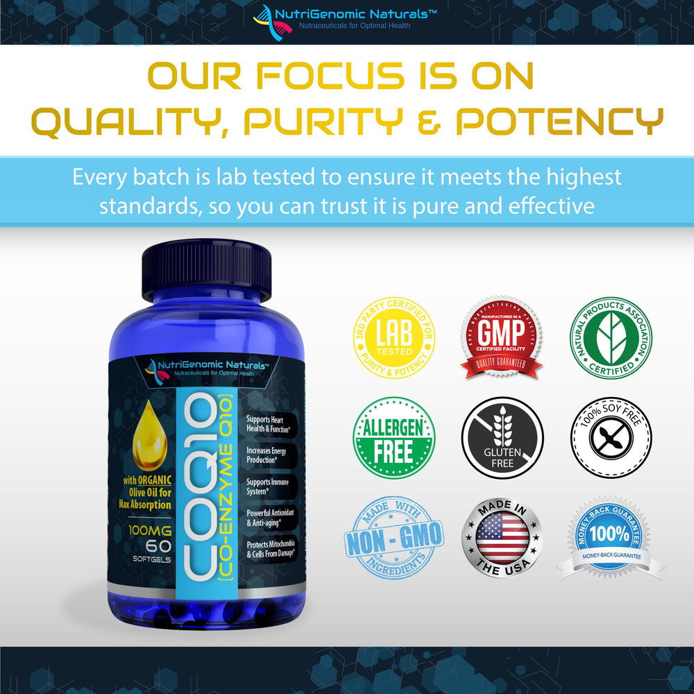 NutriGenomic Naturals CoQ10 softgels pouring for daily supplement use.