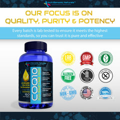 NutriGenomic Naturals CoQ10 softgels pouring for daily supplement use.