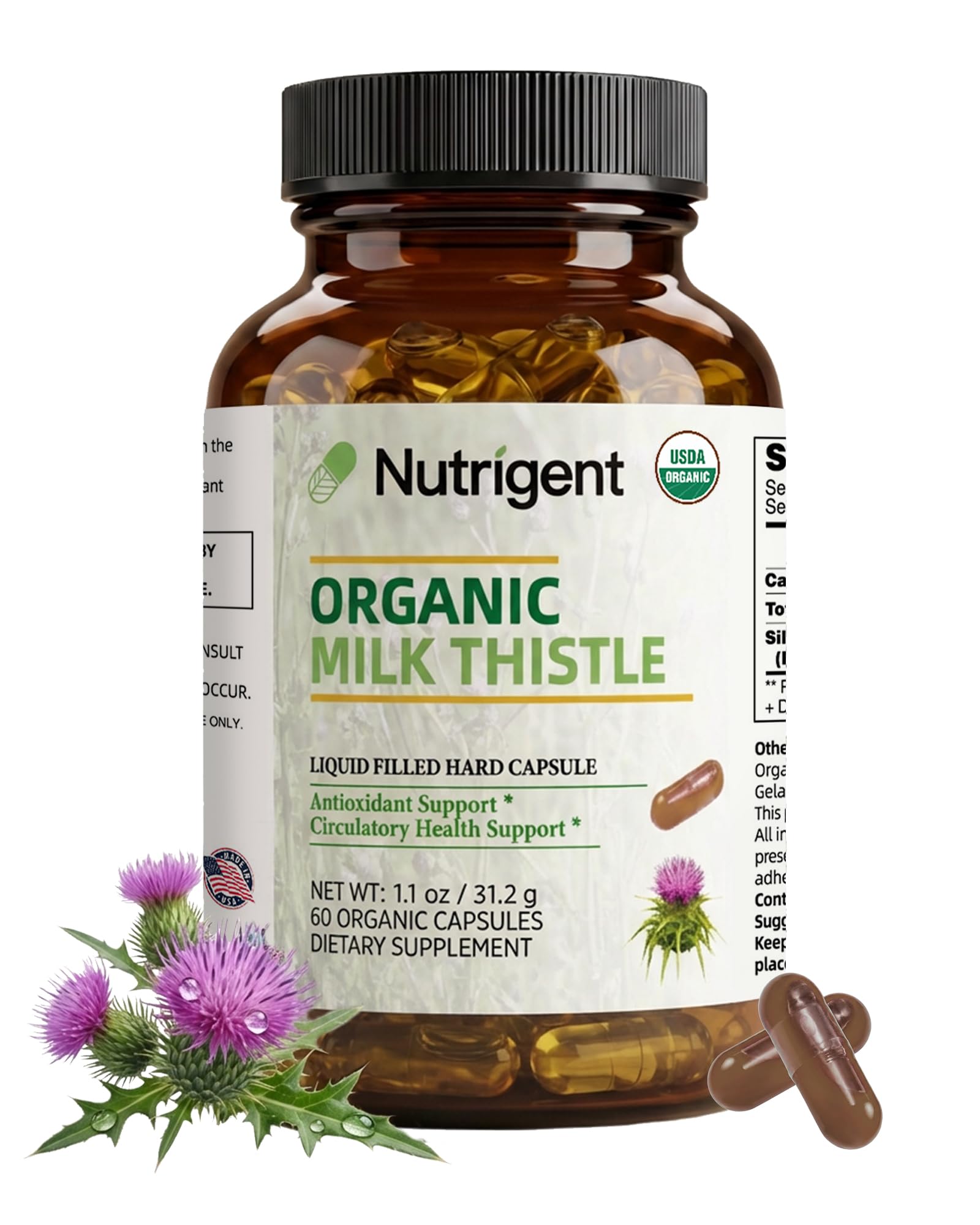 Nutrigent milk thistle bottle with organic seal for natural liver support.