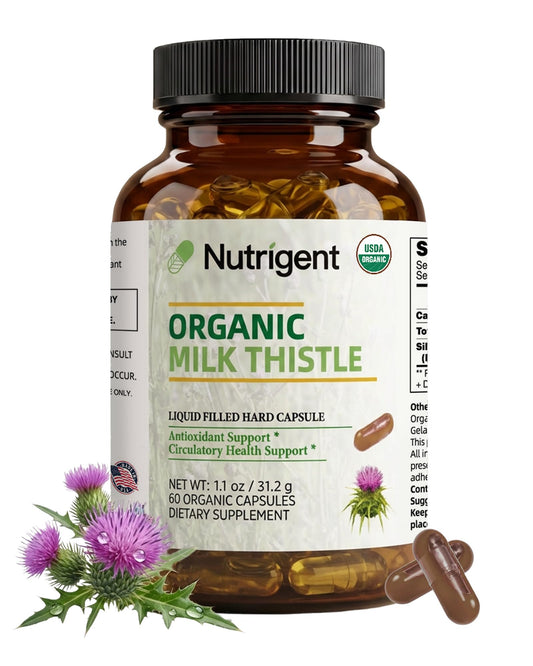 Nutrigent milk thistle bottle with organic seal for natural liver support.