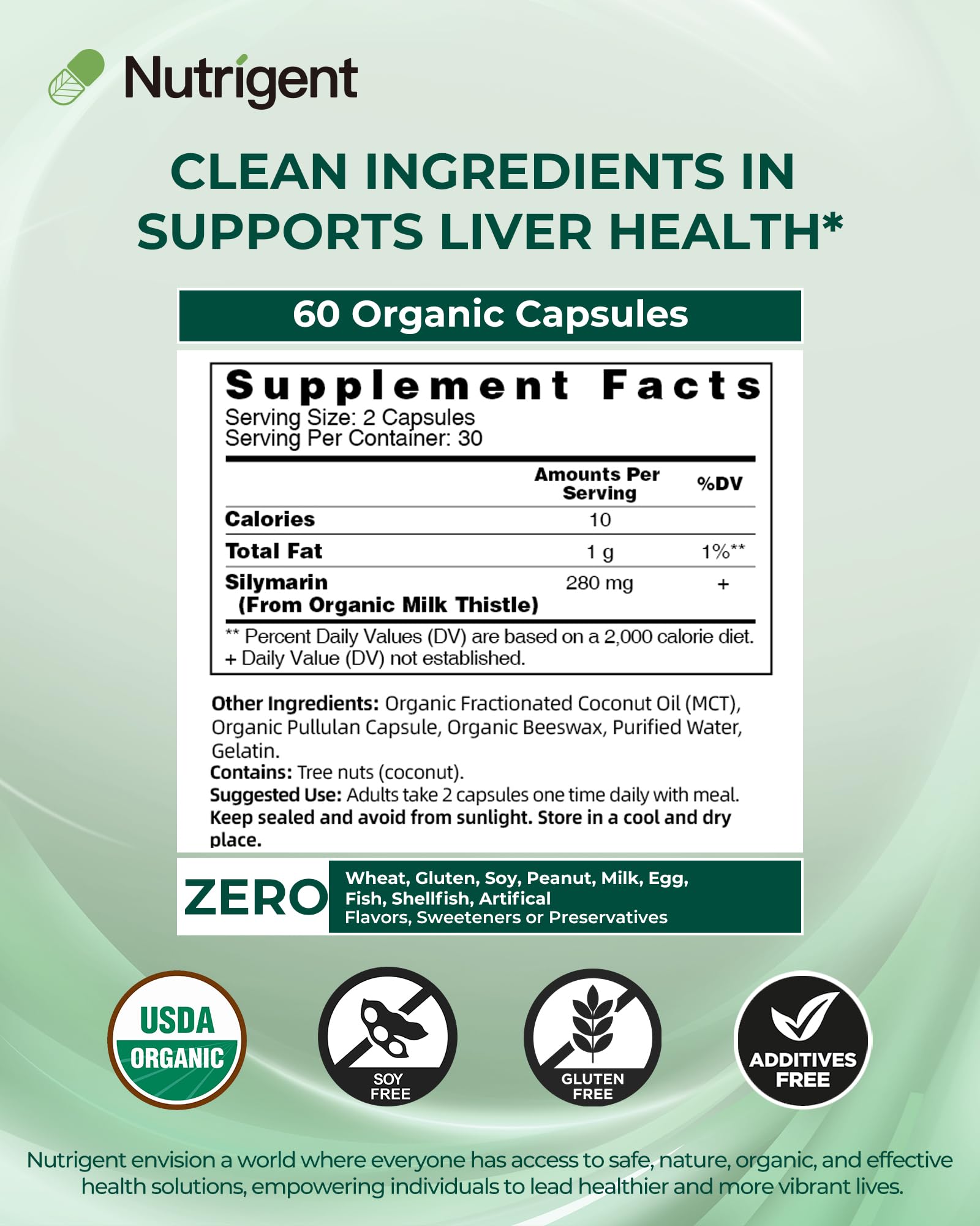 Nutrigent milk thistle organic seal emphasizes clean, plant-based supplement.