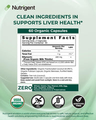 Nutrigent milk thistle organic seal emphasizes clean, plant-based supplement.