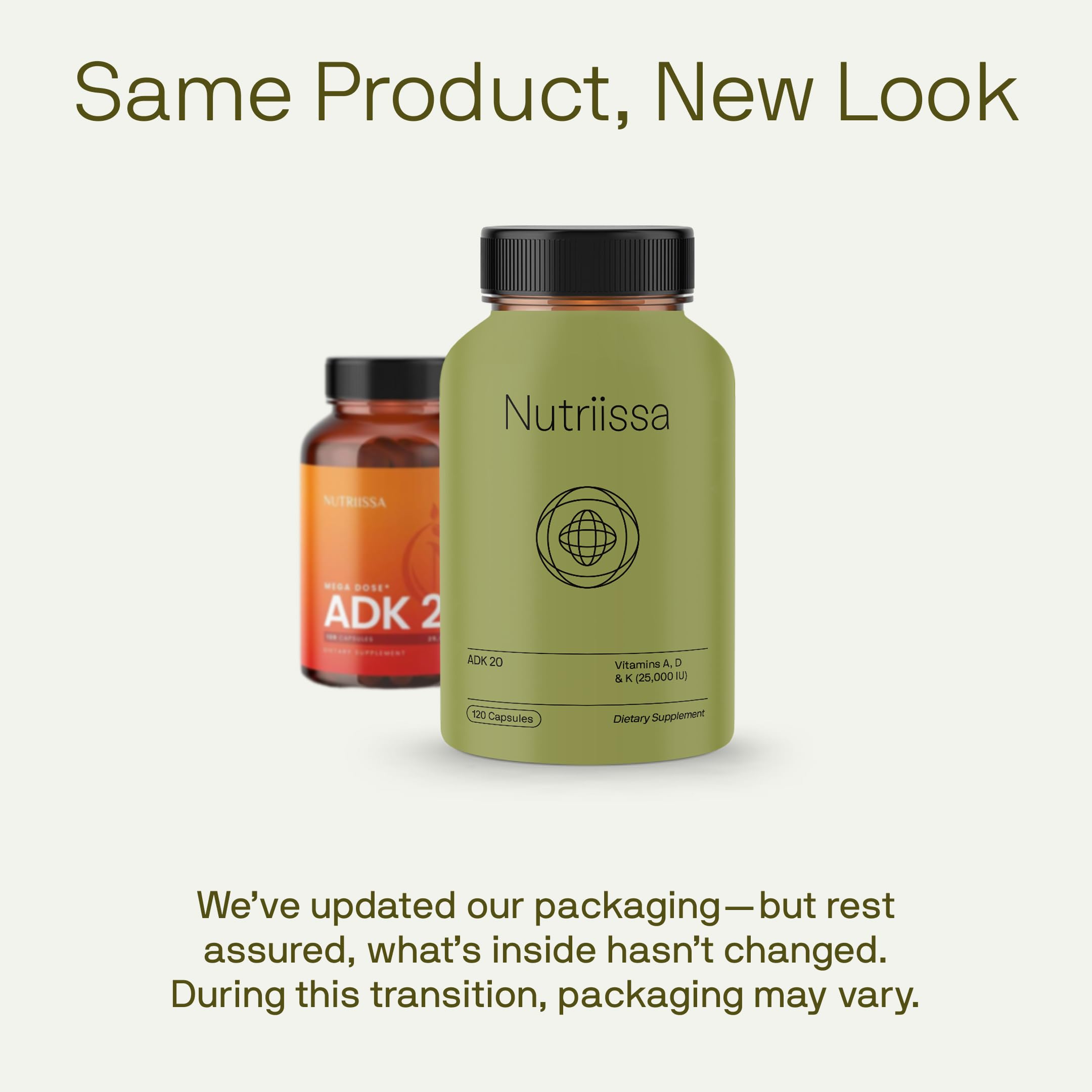 Nutriissa ADK 20 bottle closeup highlighting vegan capsules and purity.