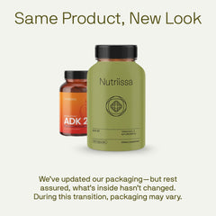 Nutriissa ADK 20 bottle closeup highlighting vegan capsules and purity.