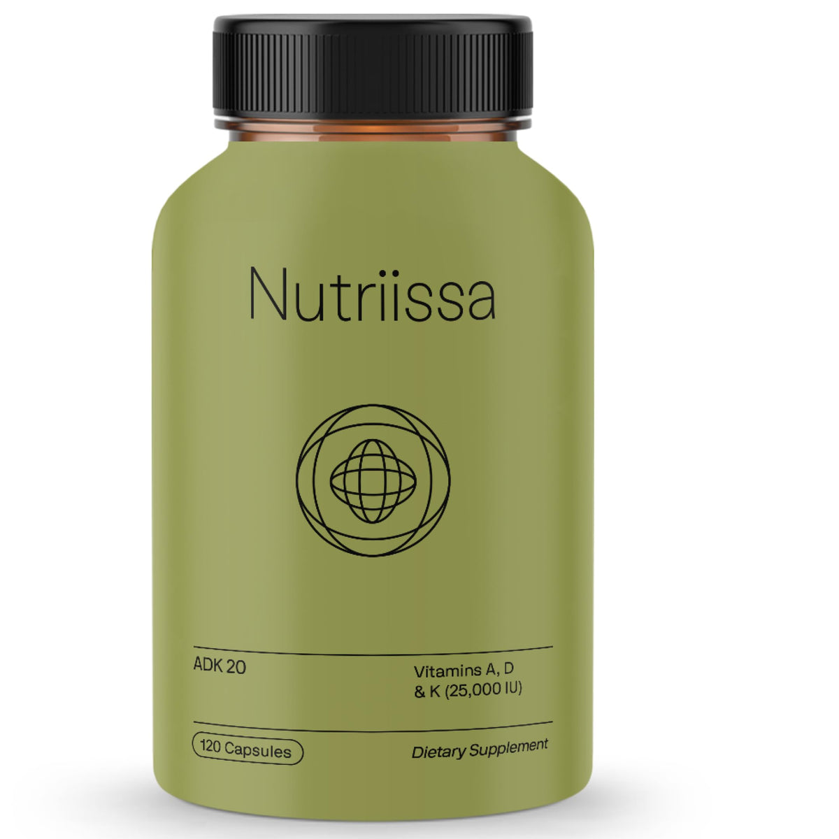 Nutriissa ADK 20 bottle front view showing the high potency vitamin blend for immune support.