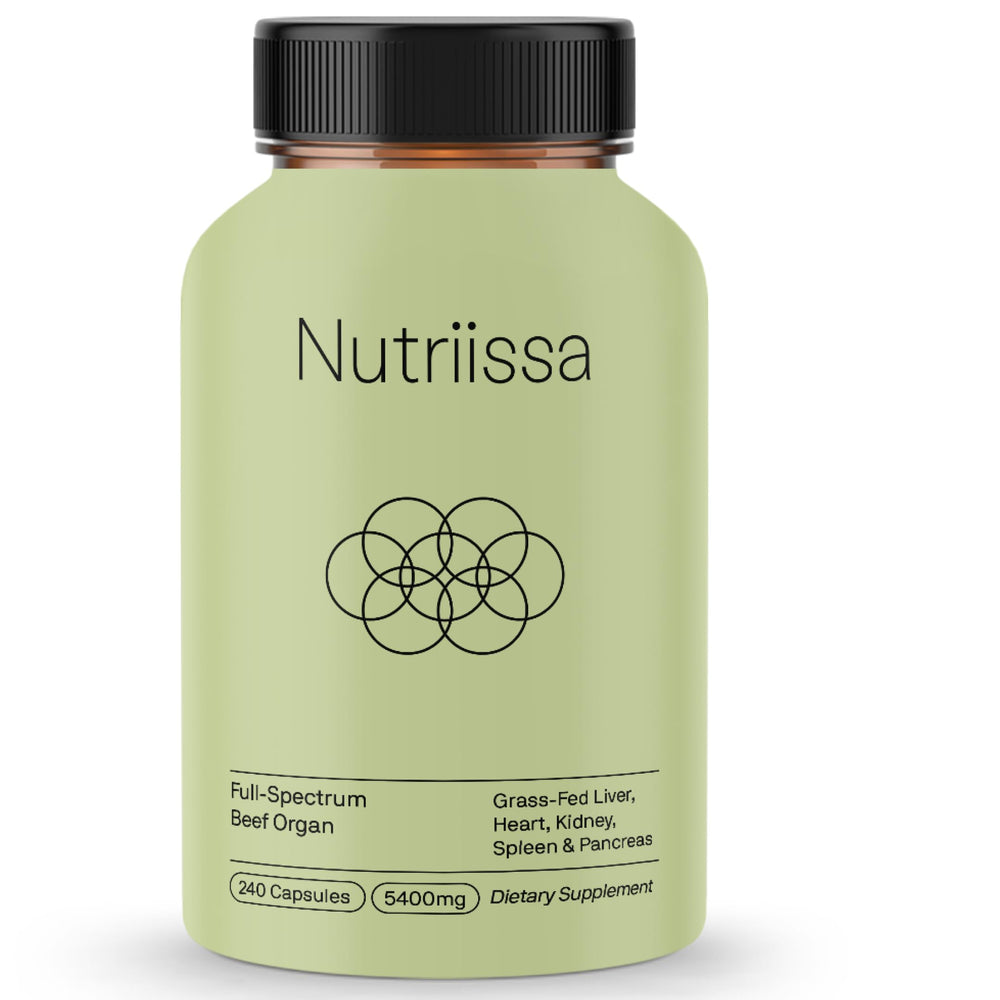 Nutriissa full-spectrum beef organs bottle front view highlighting five-organ blend for daily nourishment.