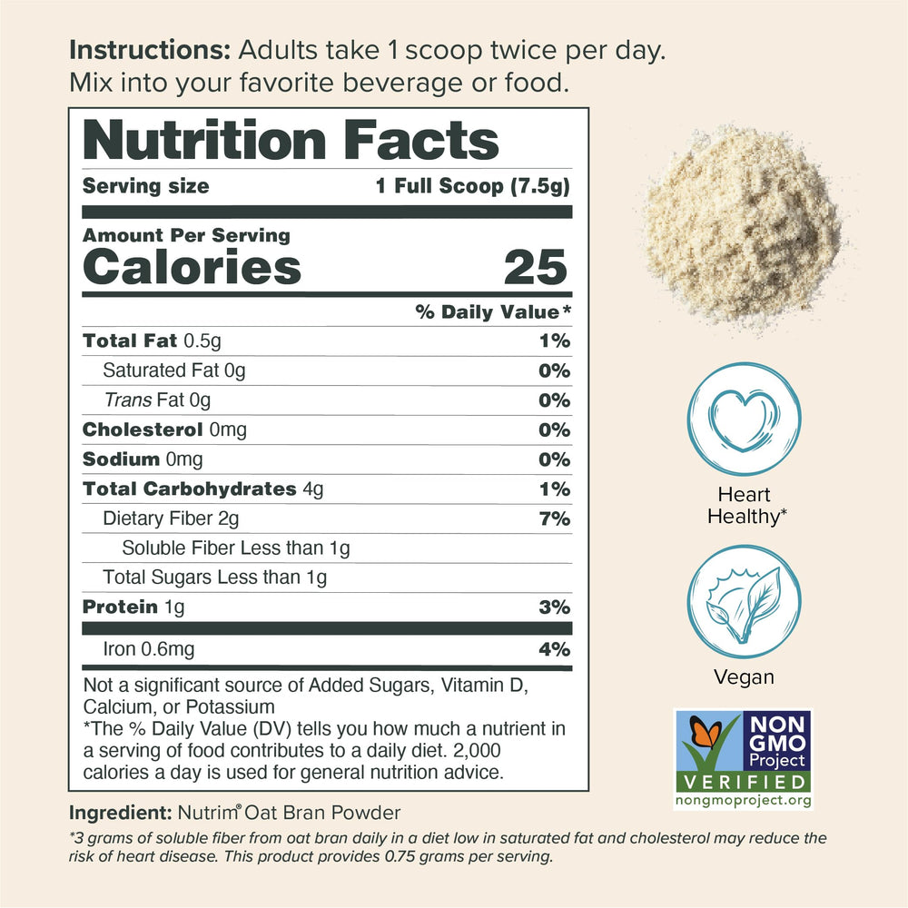 NUTRIM oat bran powder dissolves easily into coffee or smoothies for fiber.