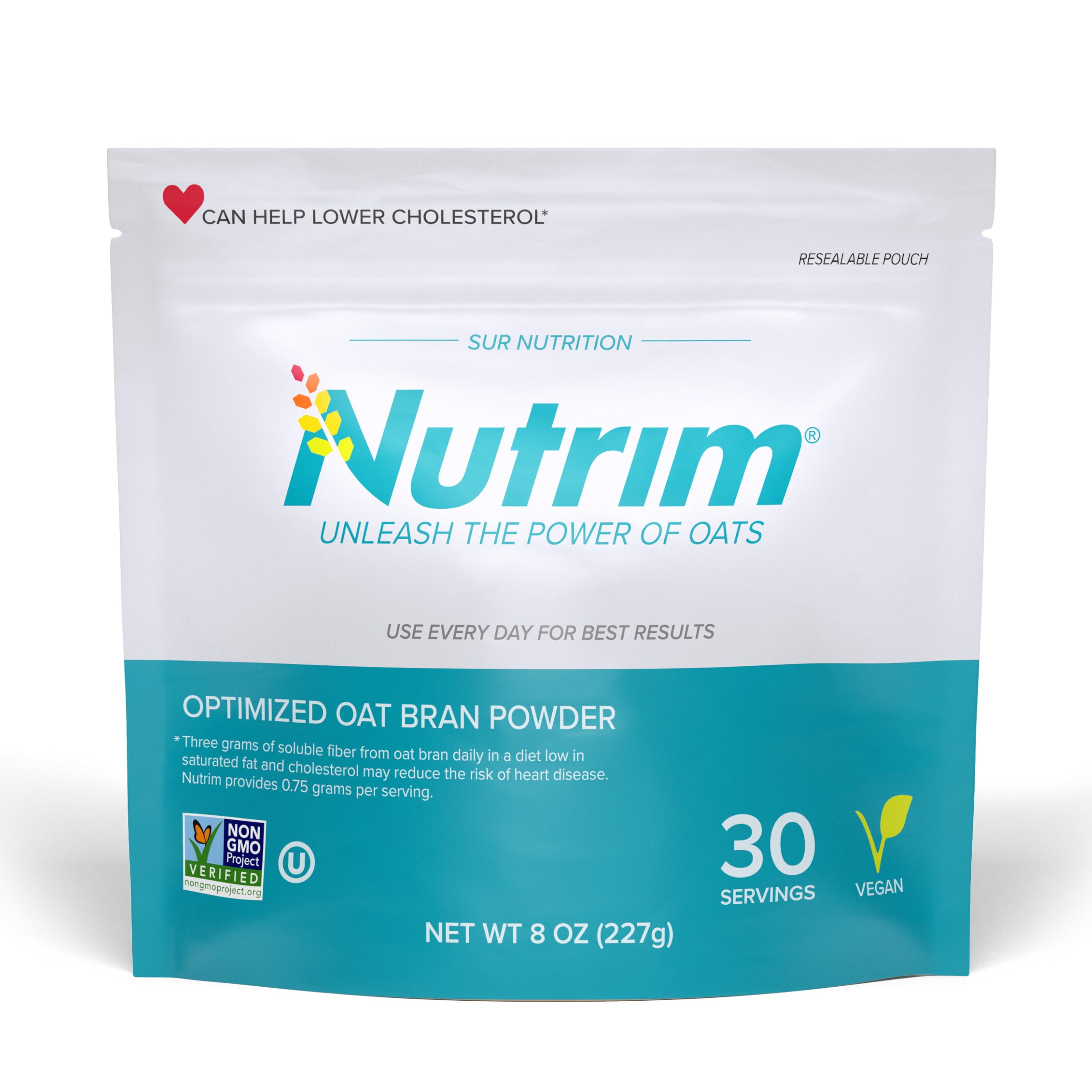 NUTRIM oat bran powder packaging demonstrates a vegan fiber boost for daily use.