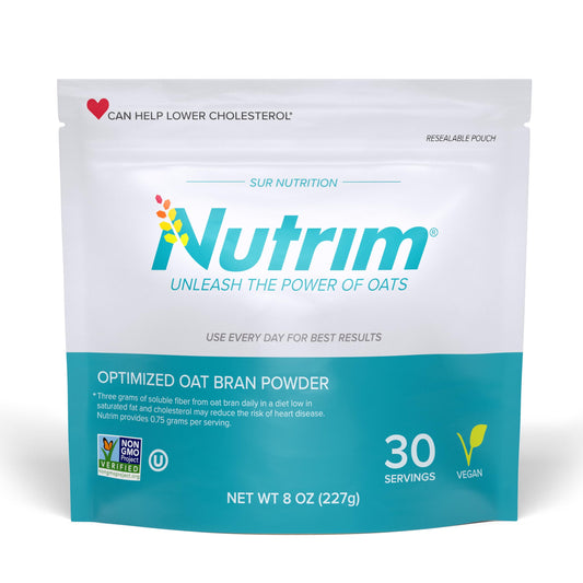NUTRIM oat bran powder packaging demonstrates a vegan fiber boost for daily use.