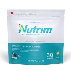 NUTRIM oat bran powder packaging demonstrates a vegan fiber boost for daily use.