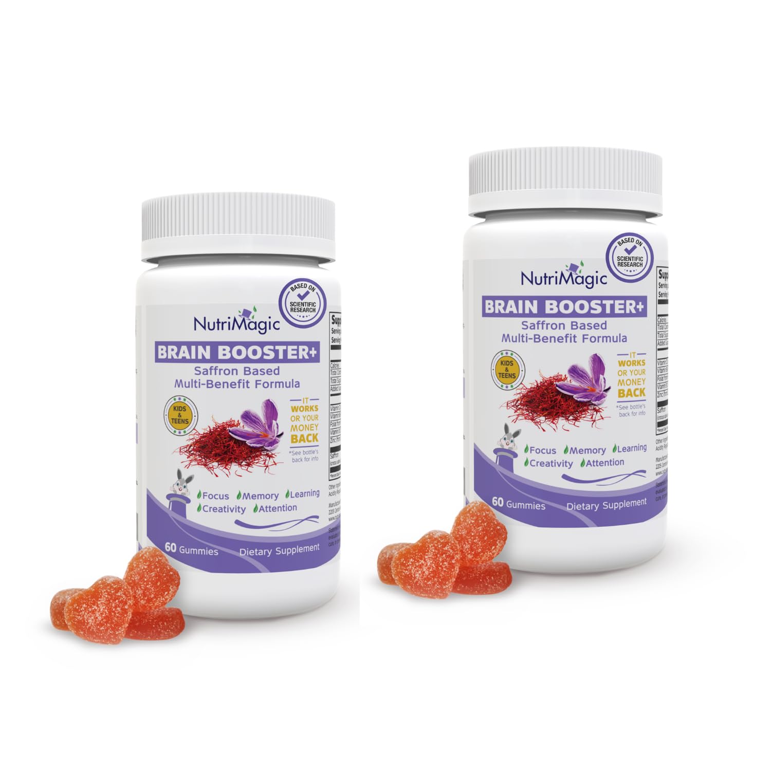NutriMagic Brain Booster saffron gummies close-up with strawberry flavor for focus support.