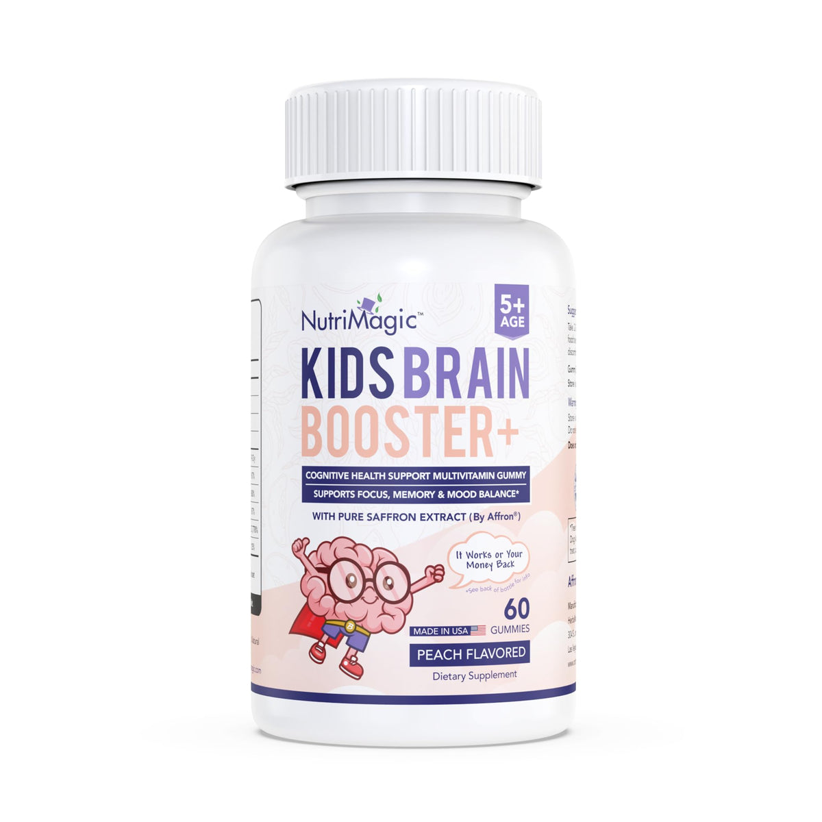 NutriMagic Kids Brain Booster bottle with Affron saffron gummies promoting focus and memory
