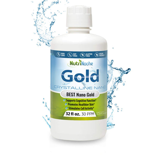 NutriNoche colloidal gold bottle on a clean surface, showcasing purity and premium quality.