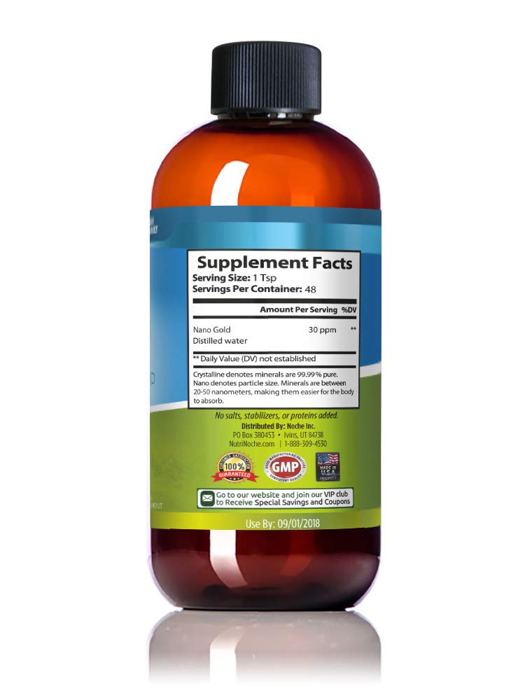 NutriNoche colloidal gold liquid closeup emphasizes clarity and purity of nano gold
