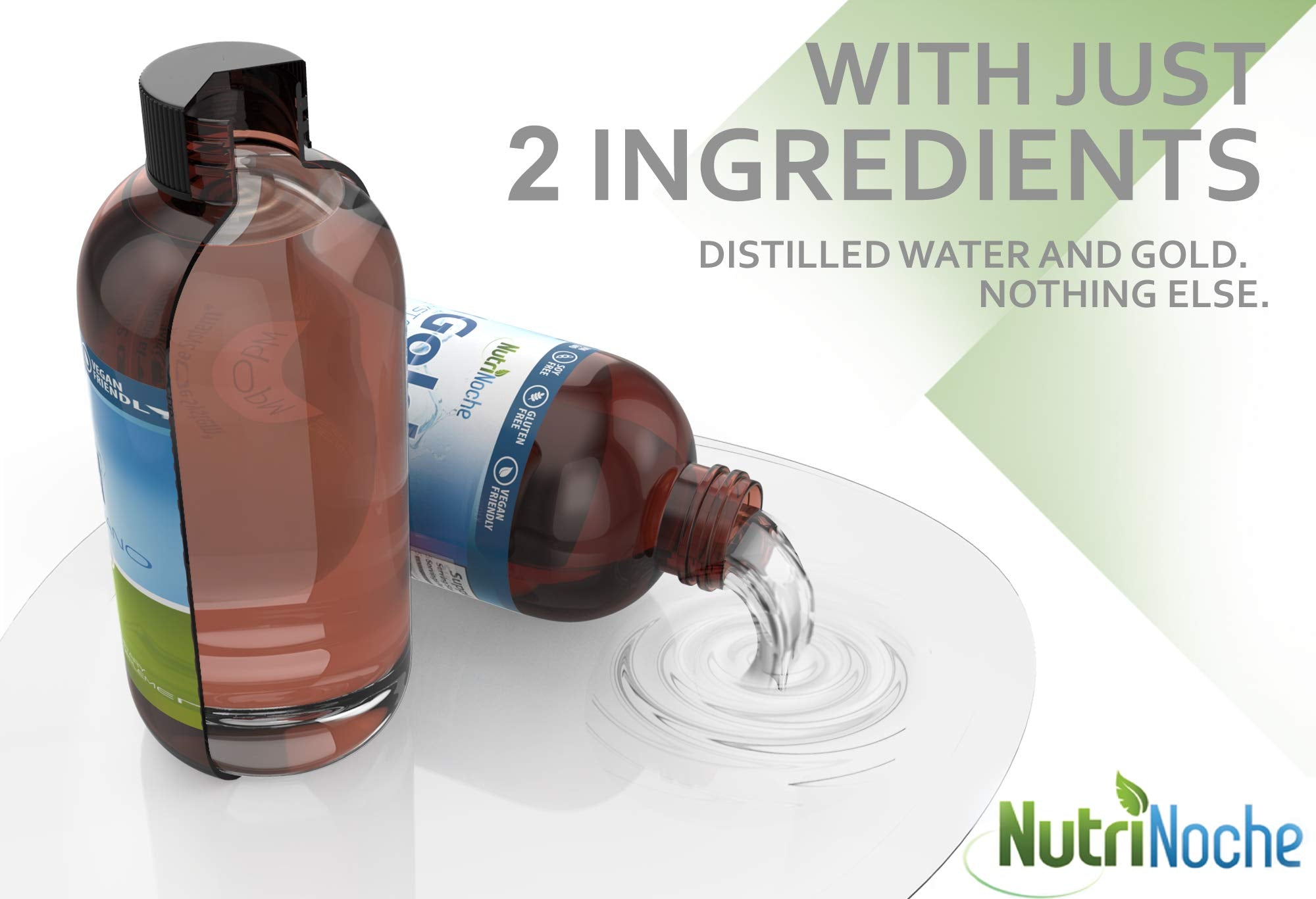 NutriNoche colloidal gold liquid glass reveals a crystal-clear solution with golden hue