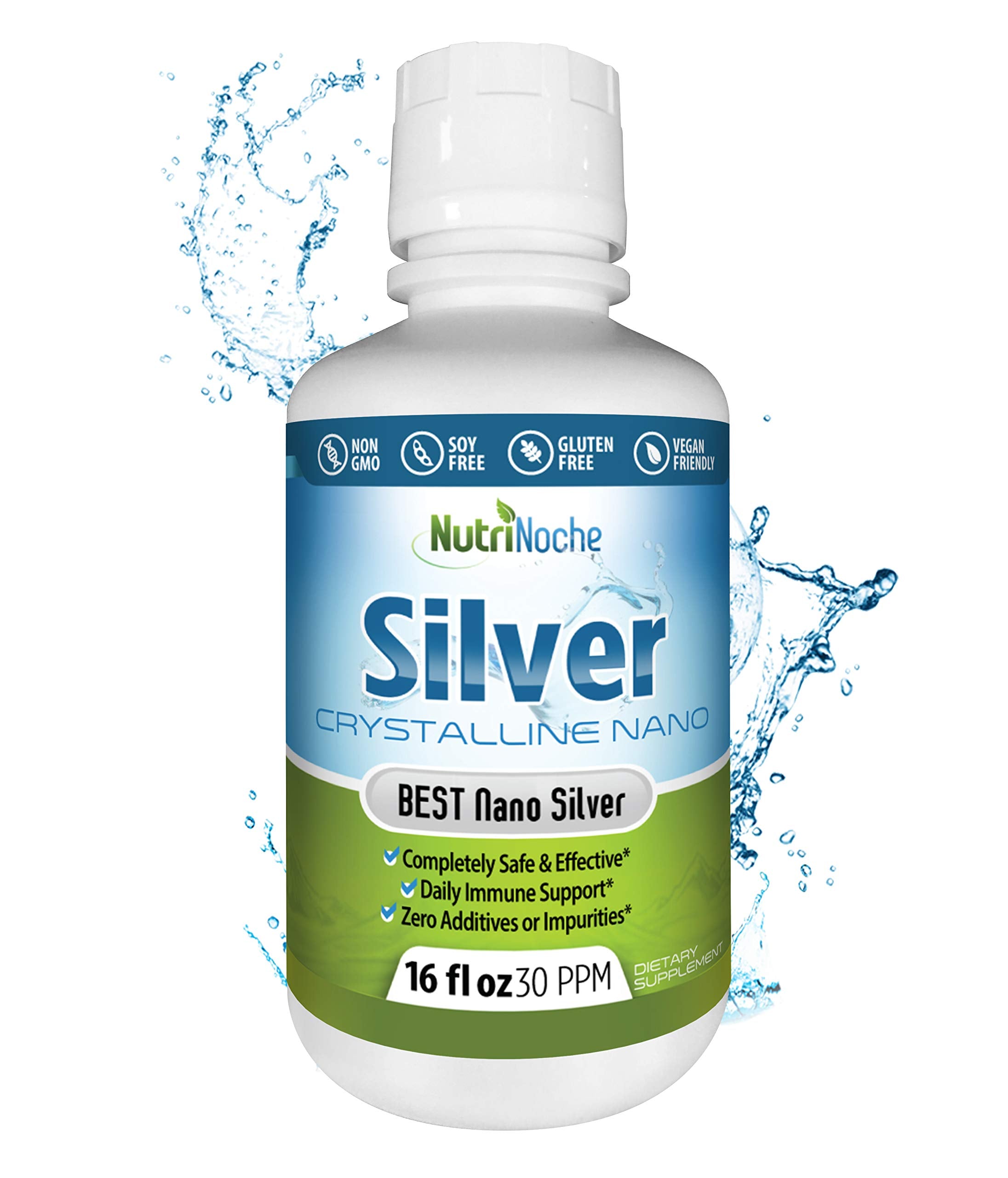 NutriNoche colloidal silver bottle shows ultra-pure nano silver for daily use.