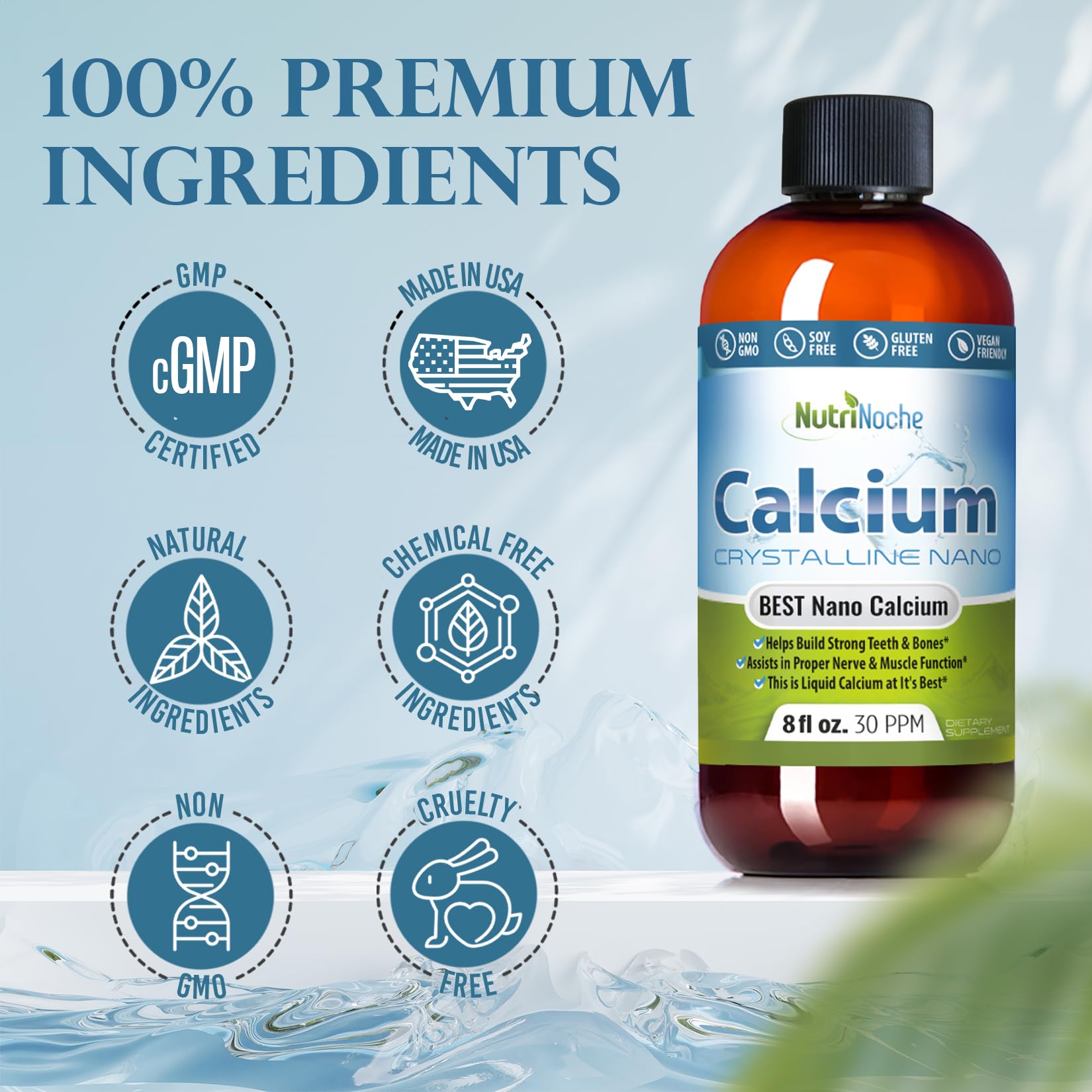 NutriNoche Liquid Calcium bioavailability molecules emphasizing nano-scale delivery.