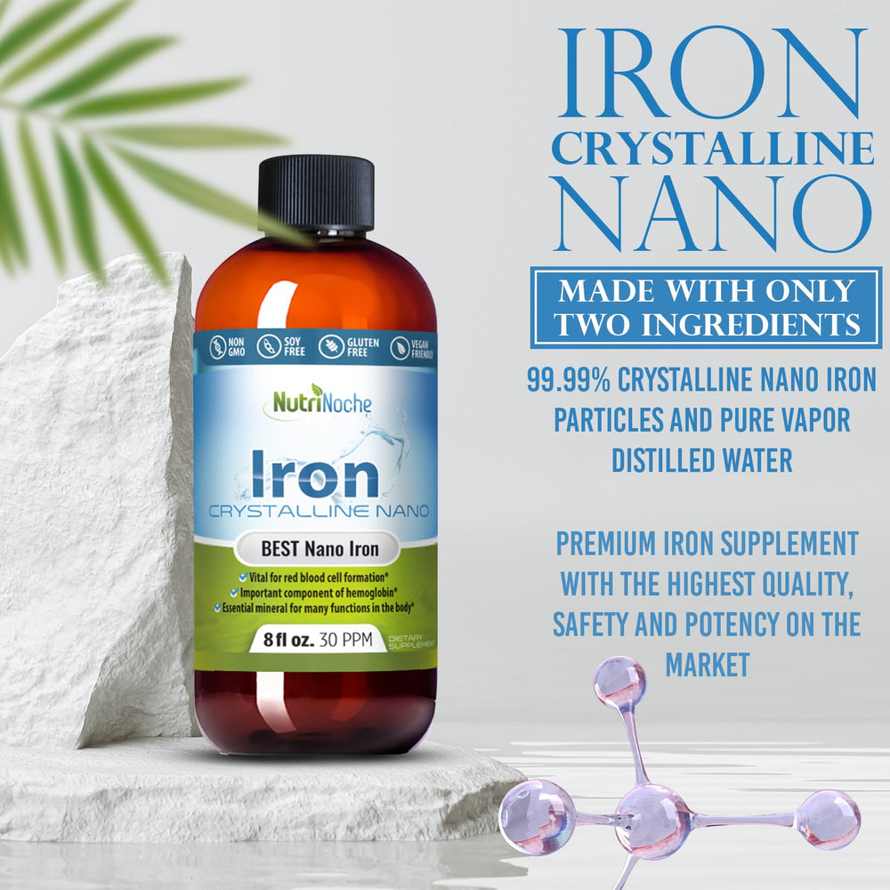 NutriNoche vegan liquid iron drops with nano iron particles for bioavailability.