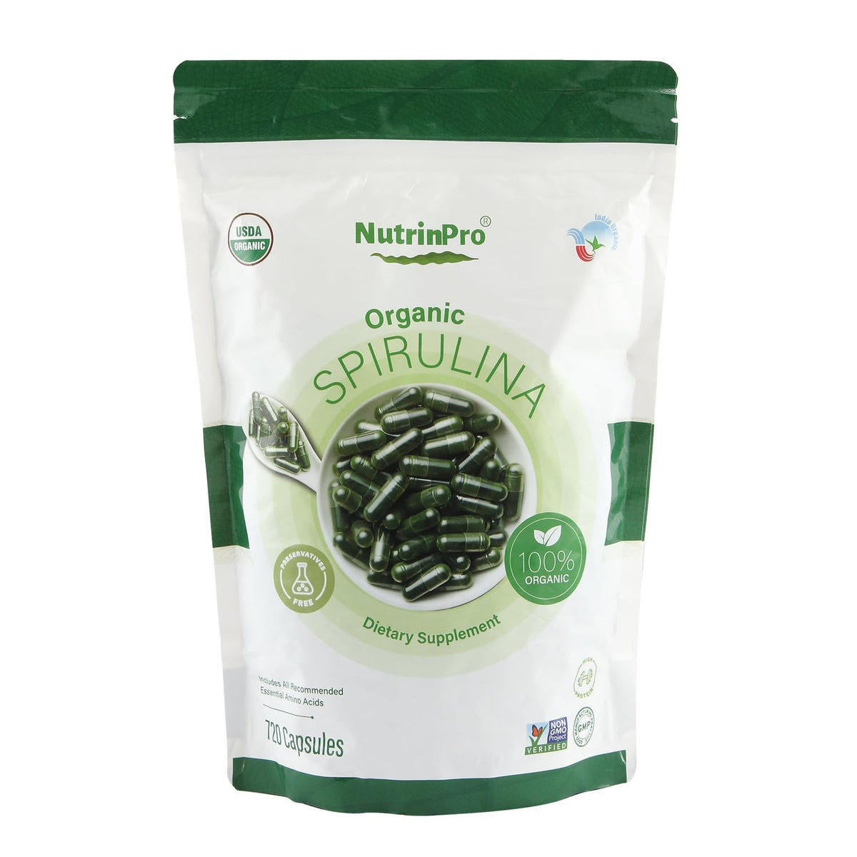 NUTRINPRO spirulina capsules bottle front for daily vegan protein support.