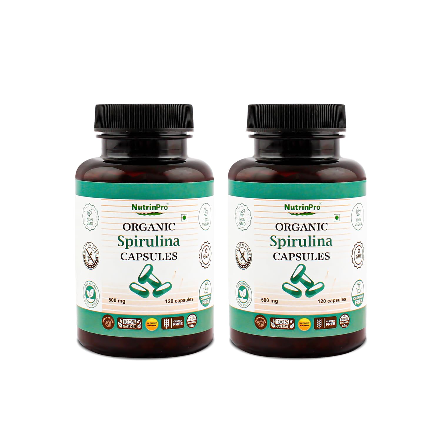 NUTRINPRO spirulina capsules bottle front, showcasing organic vegan supplement for daily energy support.