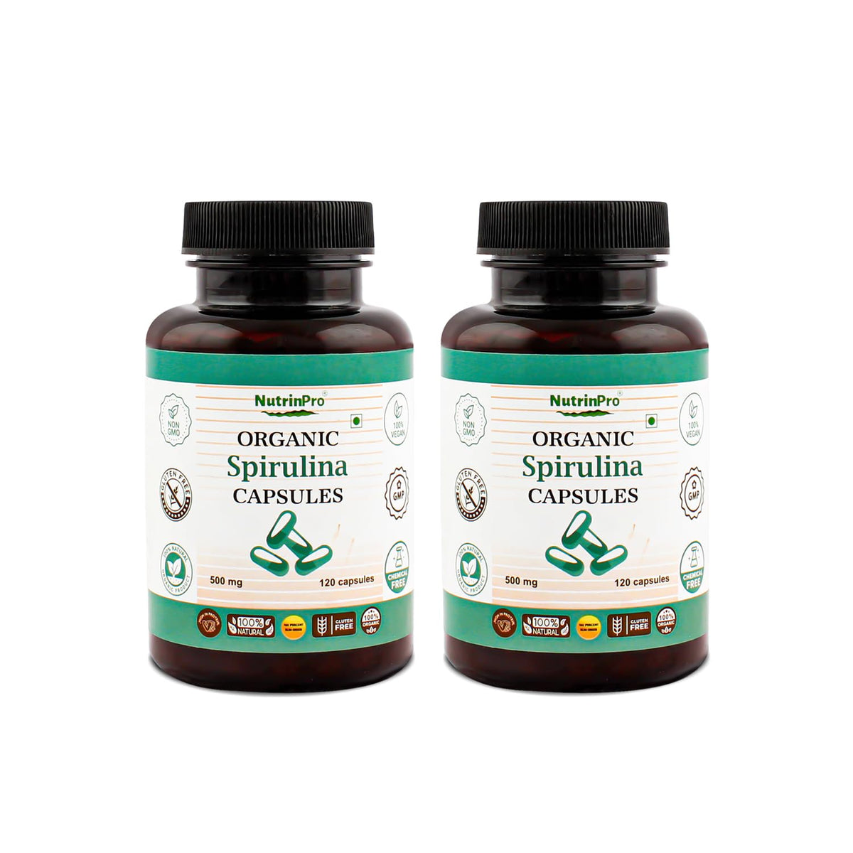 NUTRINPRO spirulina capsules bottle front, showcasing organic vegan supplement for daily energy support.
