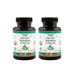 NUTRINPRO spirulina capsules bottle front, showcasing organic vegan supplement for daily energy support.