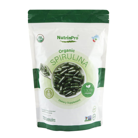 NUTRINPRO spirulina capsules bottle front for daily vegan protein support.