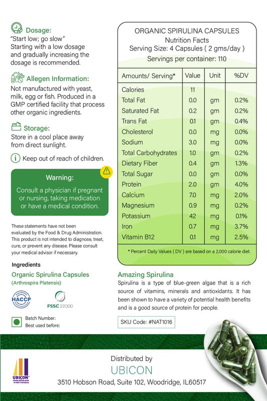 NUTRINPRO spirulina capsules bottle side shows organic, non-GMO credentials.
