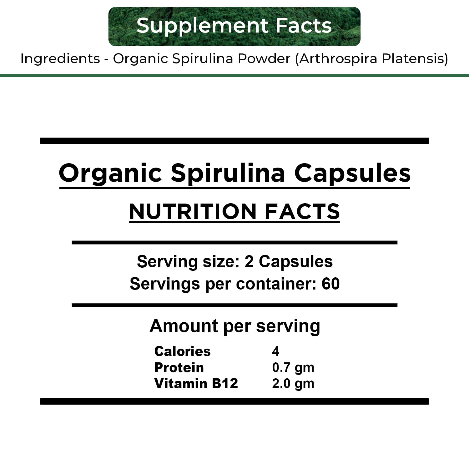 NUTRINPRO spirulina capsules bottle side, highlighting non-GMO and gluten-free vegan nutrition.